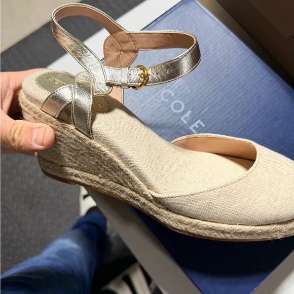 Cole Haan Cream Canvas Espadrille Wedges with Gold Metallic Straps - Picture 3 of 6